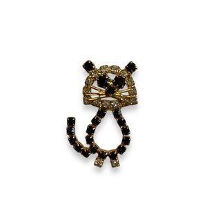 Vintage Avon Black Cat Tack Pin Sparkly Gold Tone Metal Crystal